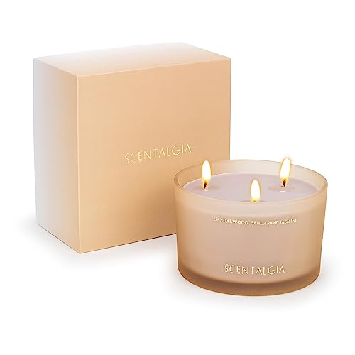Luxury Scented Candles | Sandalwood Bergamot Jasmine Fragrance | Large 20 Oz 3 Wick Candle Jar | Long Lasting 55 Hours Burn Time | for Gifts Home Decor Spa Yoga | Non-Toxic 100% Natural Soy Wax