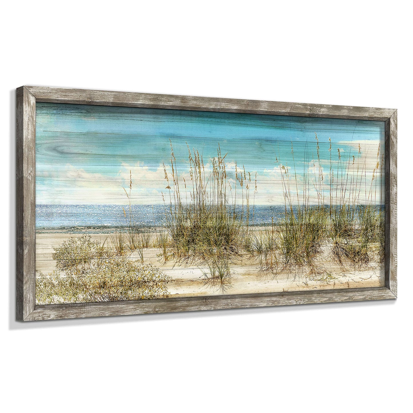 Seascape Framed Wooden Wall Art: Beach Art Prints Ocean Painting Style Artwork Seaside Wall Decor Sand Dunes Picture Coastal Theme Prints for Bedroom 24"x12"