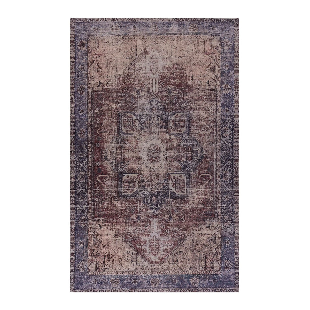 A rectangular distressed traditional rug with a faded medallion pattern in muted purple, mauve, brown, and beige tones, shown flat against a plain white background.