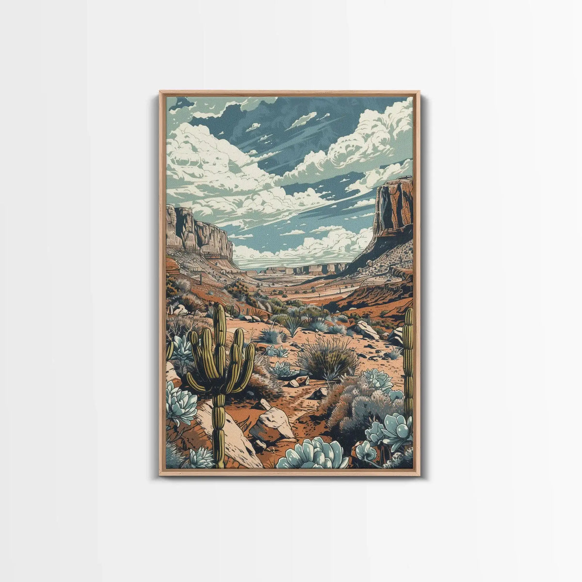 Western Desert Landscape Canvas Wall Art | Framed Cactus Print | Retro Southwest