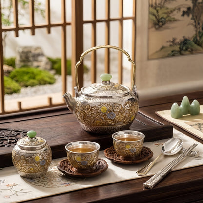 925 Sterling Silver Handcrafted Ornate Metal Teapot Featuring Jade Finial and Intricate Floral Carvings - Handicraft