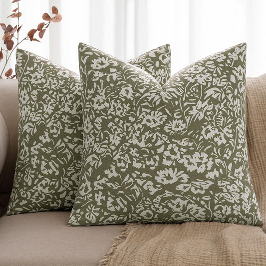 MIULEE Floral Pillow Covers Decorative Throw Pillow Covers 18x18 Pack of 2 Modern Linen Cushion Covers Farmhouse Spring Pillow Covers for Living Room Sofa BedSage Green