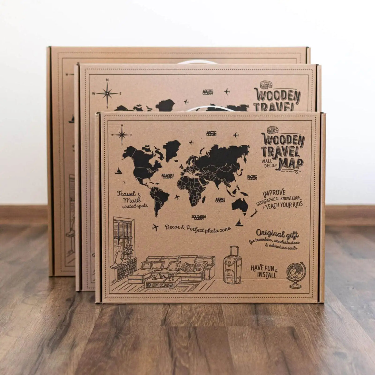 LuxeHome by Enjoy The Wood: 3D Wooden World Map - Ocean Color | M to 3XL