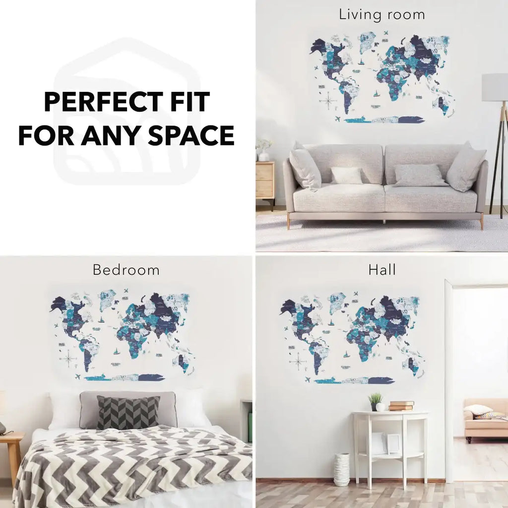 LuxeHome by Enjoy The Wood: 3D Wooden World Map - Ocean Color | M to 3XL