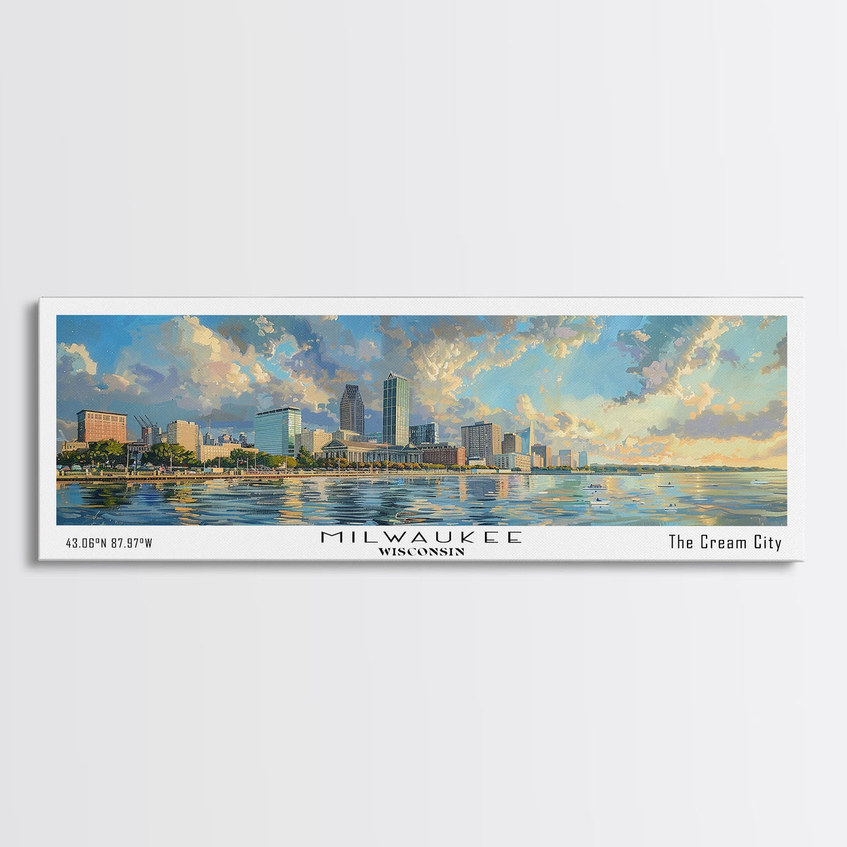 Milwaukee Wisconsin Canvas Wall Art | WatMilwaukee Wisconsin Canvas Wall Art | Watercolor Panoramic City Print 20x60 Inches / Gallery Wrap Canvas - Ready To Hangercolor Panoramic City Print