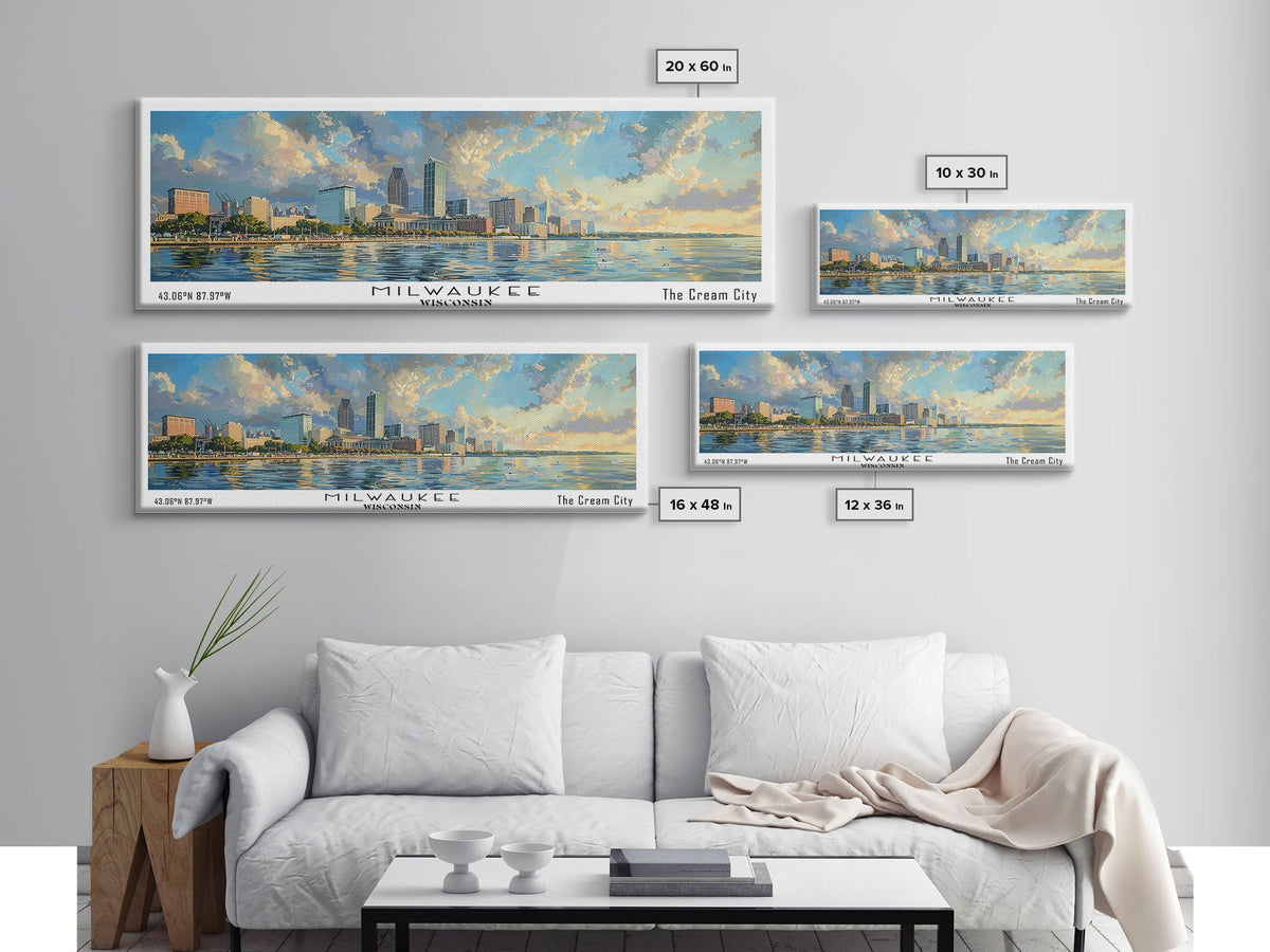 Milwaukee Wisconsin Canvas Wall Art | WatMilwaukee Wisconsin Canvas Wall Art | Watercolor Panoramic City Print 20x60 Inches / Gallery Wrap Canvas - Ready To Hangercolor Panoramic City Print