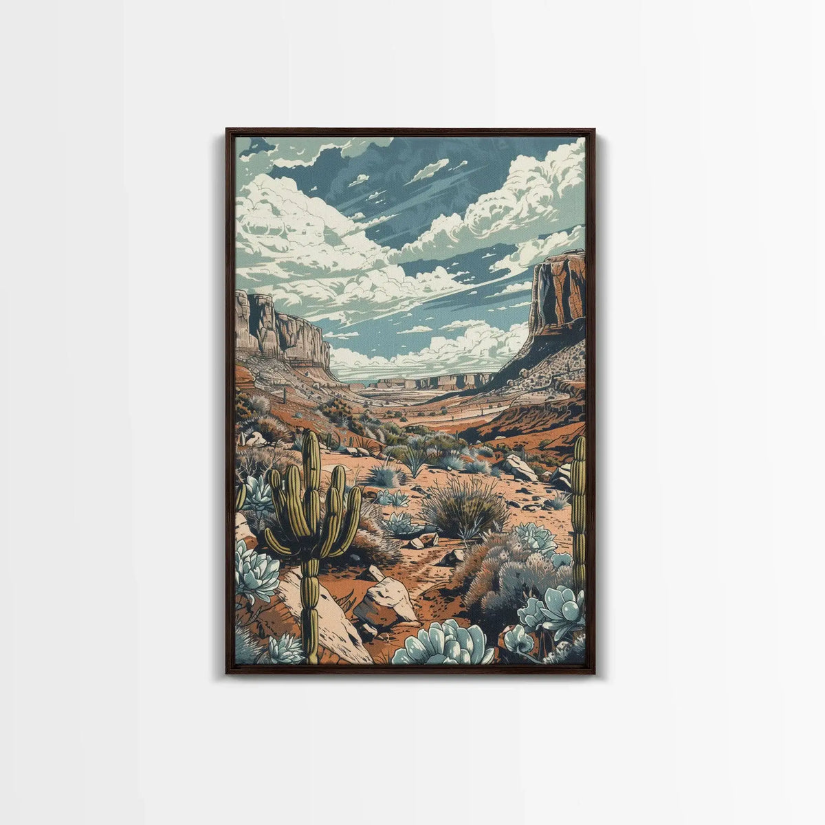 Western Desert Landscape Canvas Wall Art | Framed Cactus Print | Retro Southwest