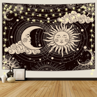 Large Sun and Moon Tapestry | Black & White Spiritual Wall Art