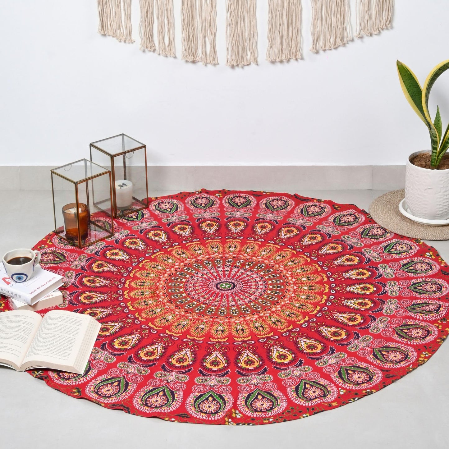 Round Mandala Tapestry 48-Inch | Golden Red Bohemian Wall Art