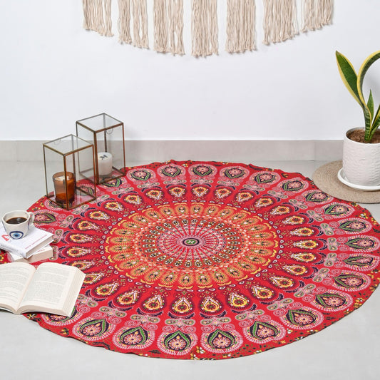 Round Mandala Tapestry 48-Inch | Golden Red Bohemian Wall Art