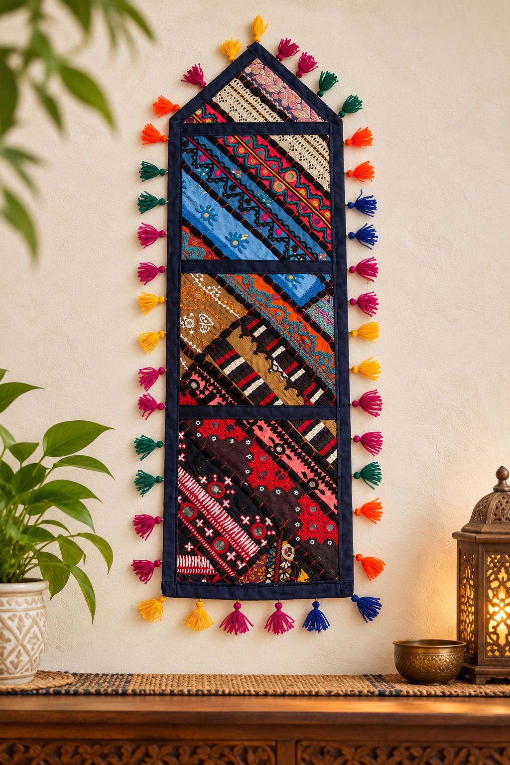 LuxeHome Handcrafted Sindhi Wall Organizer - Hand-Embroidered Cotton Mail Holder & Boho Decorative Wall Hanging