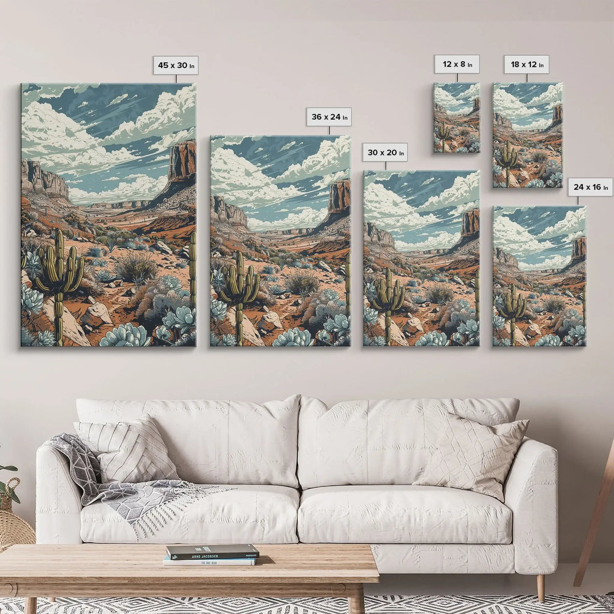 Western Desert Landscape Canvas Wall Art | Framed Cactus Print | Retro Southwest