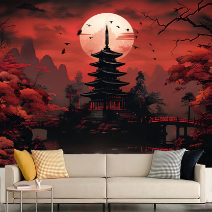 Honcet Anime Japanese Tapestry Aesthetic Japanese Black Red Wall Hanging for Bedroom Anime Posters Forest Tapestries for Men Sunset Mountain Tower Landscape Wall Art Backdrop for Room 60" X 51"