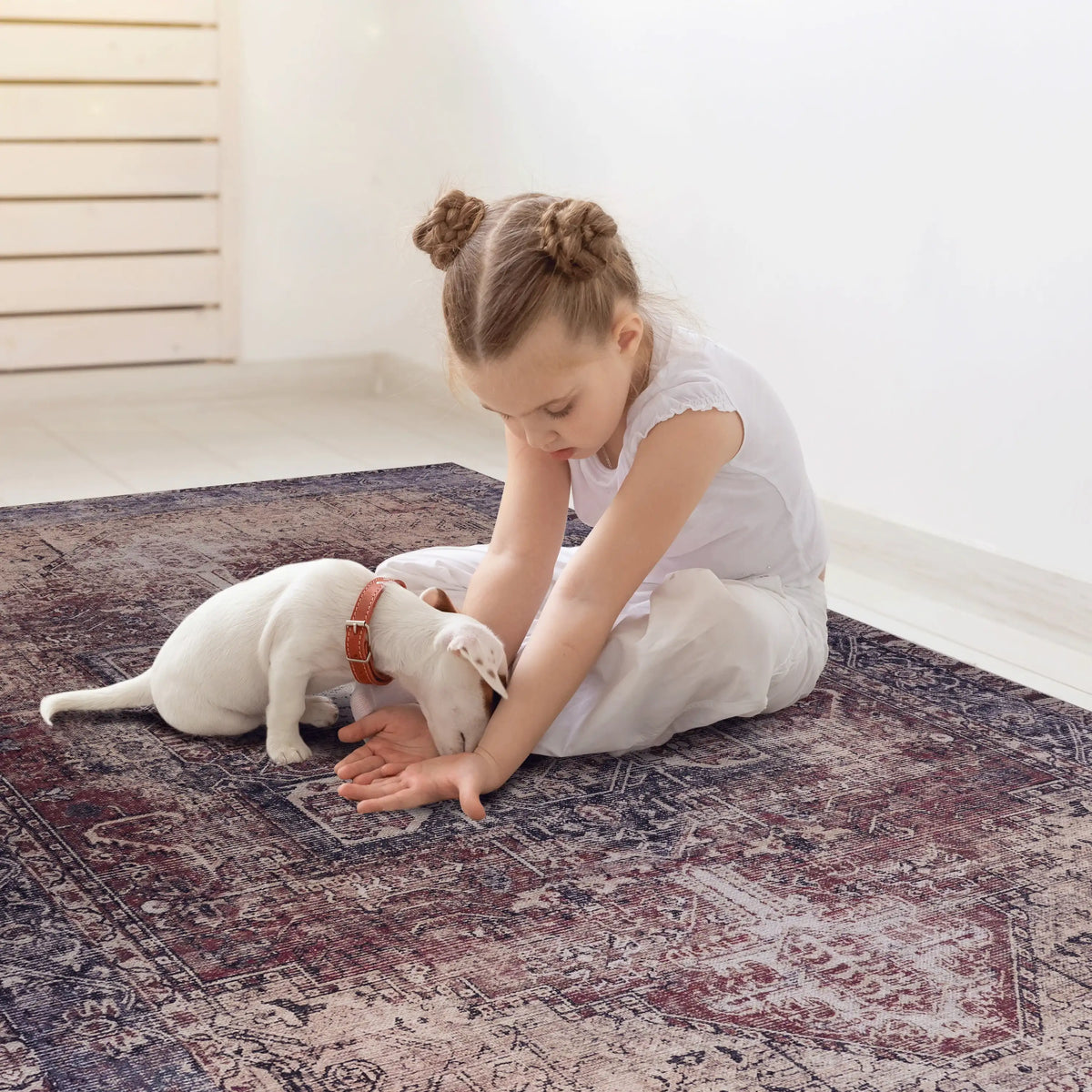 Young girl sitting on a patterned rug with a small white dog.