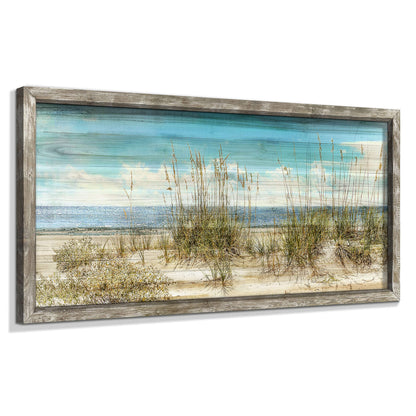 Seascape Framed Wooden Wall Art: Beach Art Prints Ocean Painting Style Artwork Seaside Wall Decor Sand Dunes Picture Coastal Theme Prints for Bedroom 24"x12"