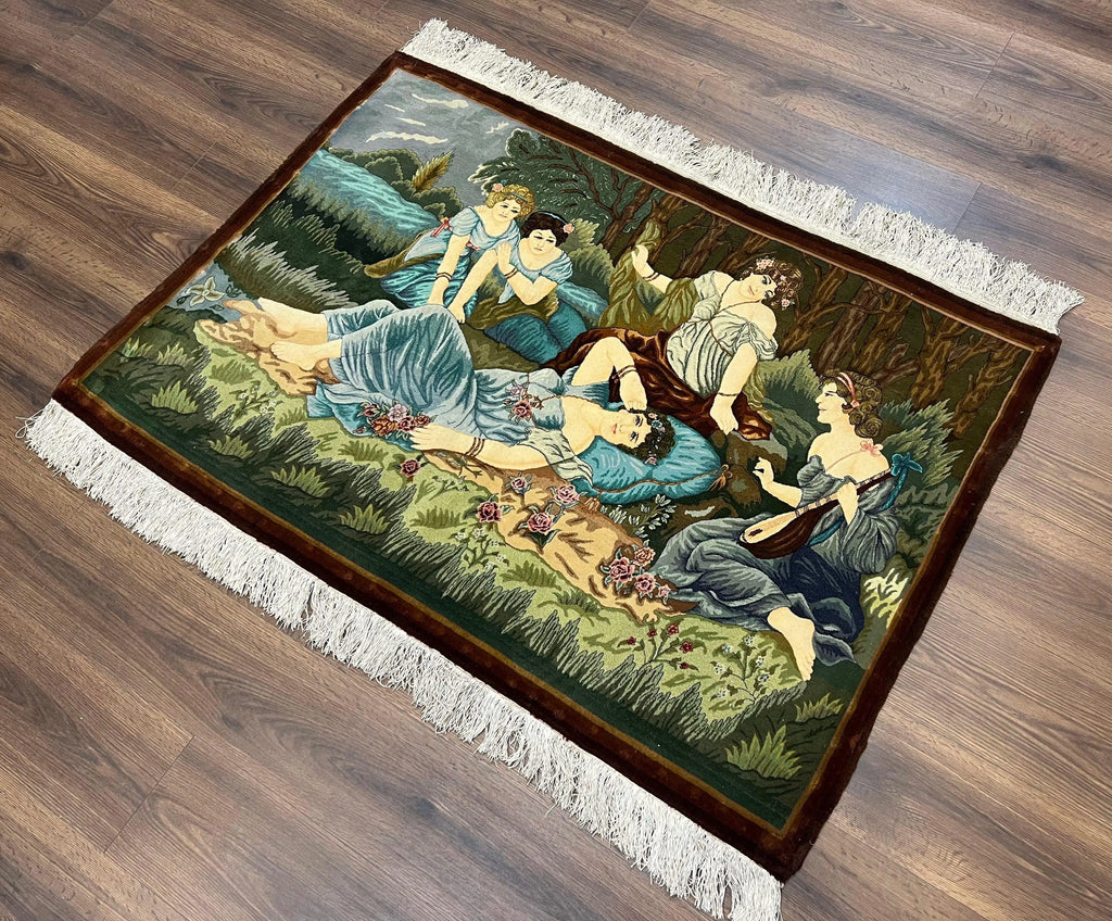 Persian Tabriz Pictorial Rug 5x3, Women Laying By River, Super Fine 60 Raj 480+ KPSI, Hand Knotted Wool Rug, Semi Antique Vintage Oriental Carpet