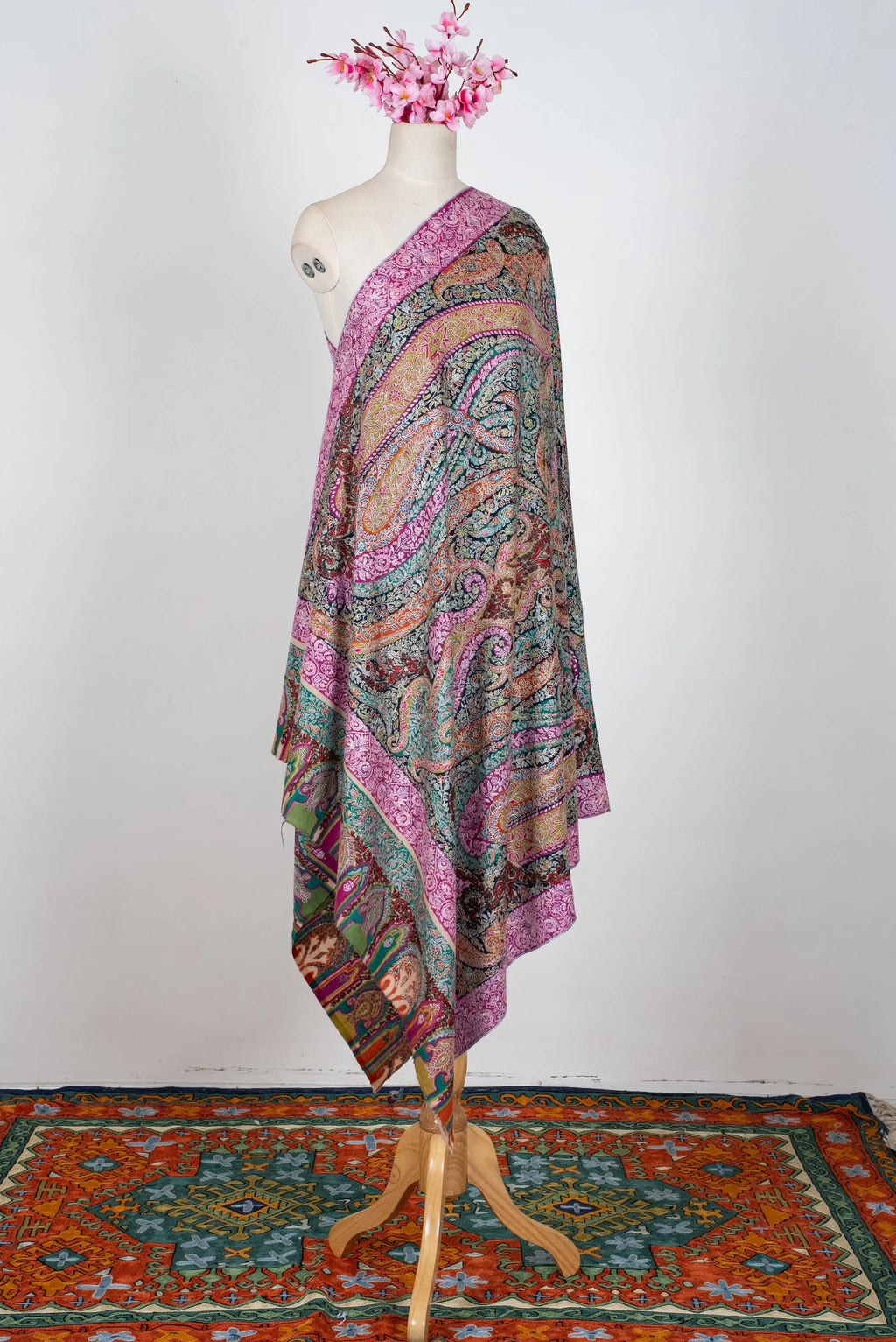 LuxeHome by KashmKari: Royale Paisley Kalamkari Pure Pashmina Hand Embroidered Shawl - Multicolor