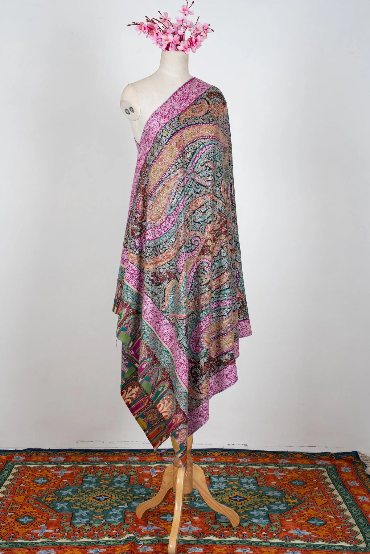 LuxeHome by KashmKari: Royale Paisley Kalamkari Pure Pashmina Hand Embroidered Shawl - Multicolor