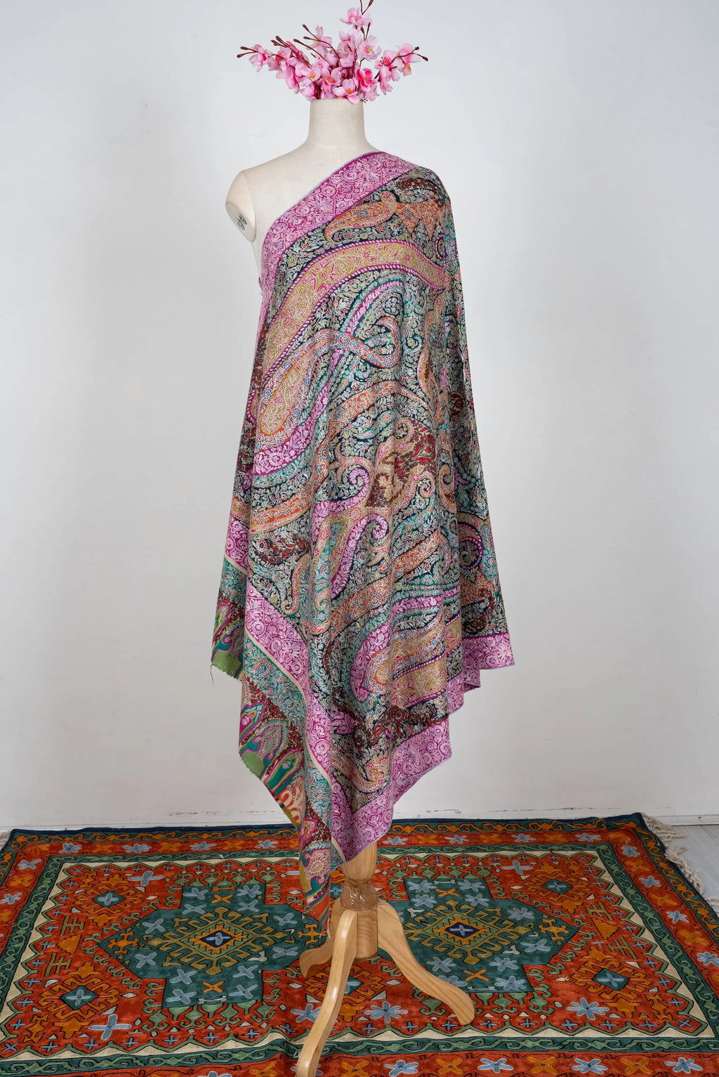 LuxeHome by KashmKari: Royale Paisley Kalamkari Pure Pashmina Hand Embroidered Shawl - Multicolor