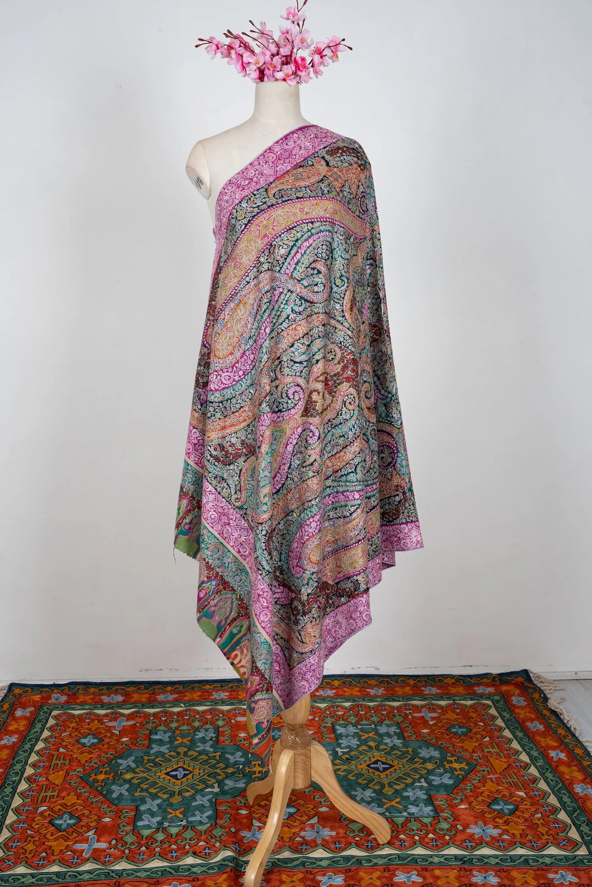 LuxeHome by KashmKari: Royale Paisley Kalamkari Pure Pashmina Hand Embroidered Shawl - Multicolor