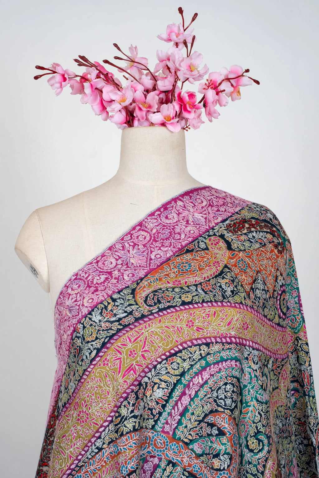 LuxeHome by KashmKari: Royale Paisley Kalamkari Pure Pashmina Hand Embroidered Shawl - Multicolor