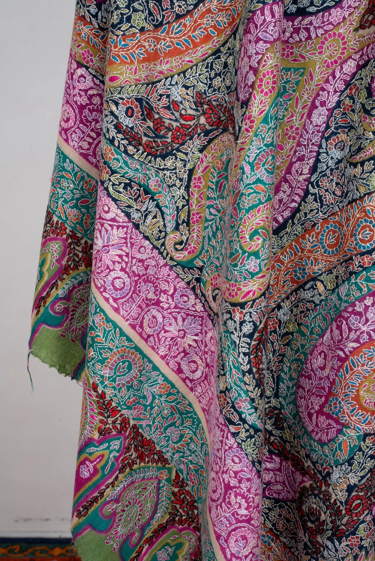 LuxeHome by KashmKari: Royale Paisley Kalamkari Pure Pashmina Hand Embroidered Shawl - Multicolor