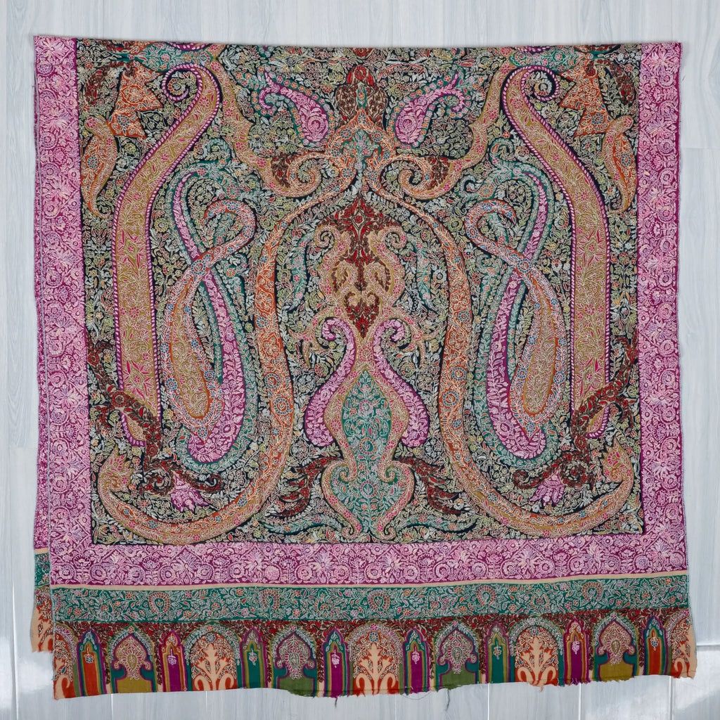 LuxeHome by KashmKari: Royale Paisley Kalamkari Pure Pashmina Hand Embroidered Shawl - Multicolor