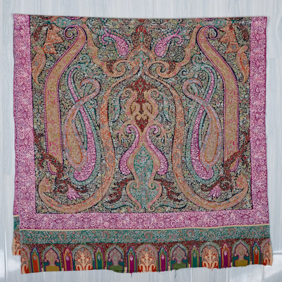 LuxeHome by KashmKari: Royale Paisley Kalamkari Pure Pashmina Hand Embroidered Shawl - Multicolor