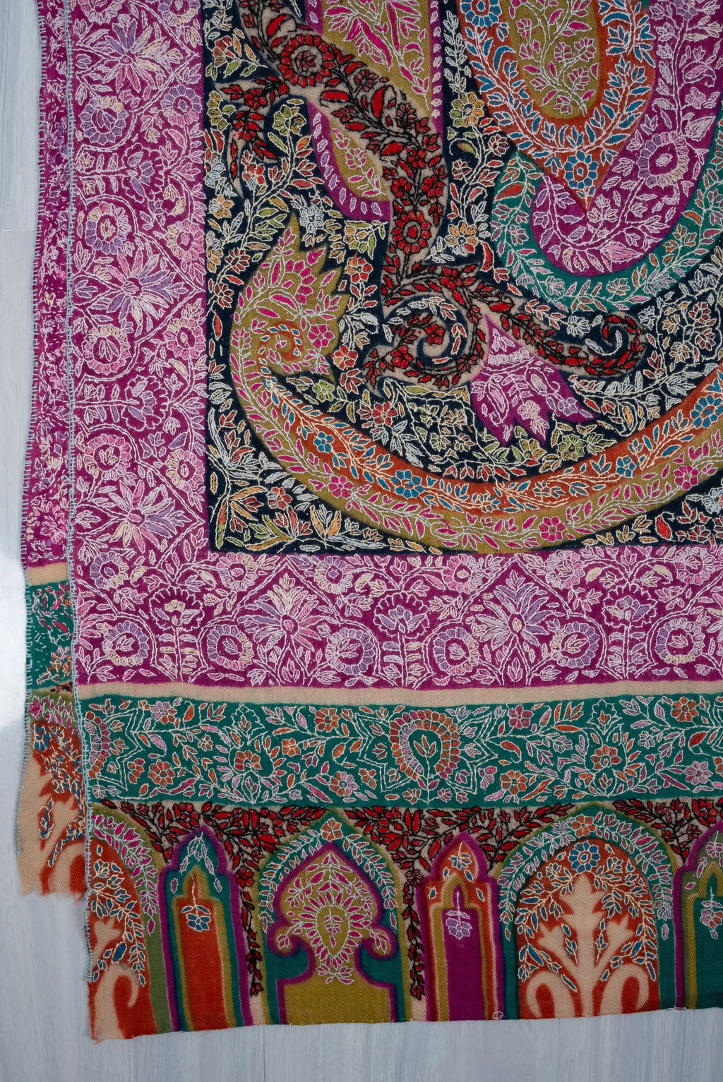 LuxeHome by KashmKari: Royale Paisley Kalamkari Pure Pashmina Hand Embroidered Shawl - Multicolor