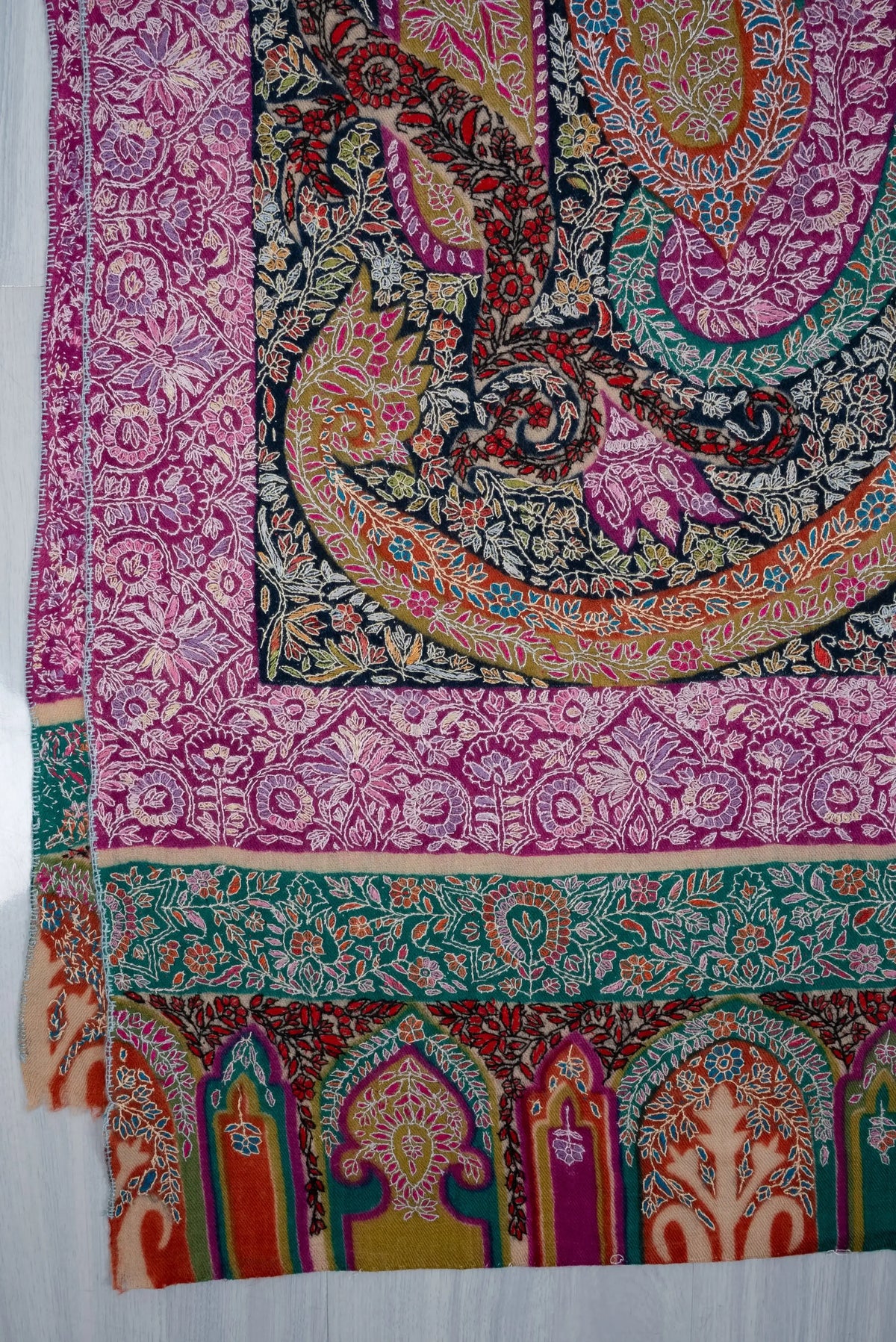 LuxeHome by KashmKari: Royale Paisley Kalamkari Pure Pashmina Hand Embroidered Shawl - Multicolor