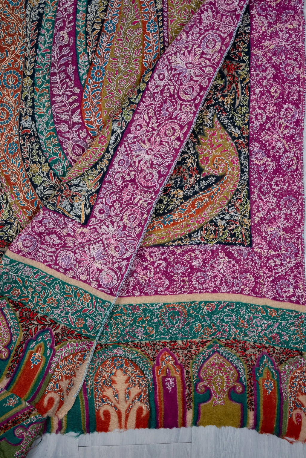 LuxeHome by KashmKari: Royale Paisley Kalamkari Pure Pashmina Hand Embroidered Shawl - Multicolor