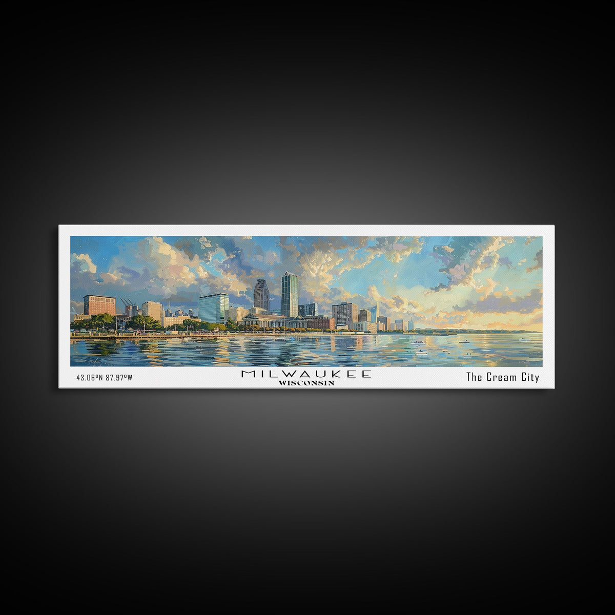 Milwaukee Wisconsin Canvas Wall Art | WatMilwaukee Wisconsin Canvas Wall Art | Watercolor Panoramic City Print 20x60 Inches / Gallery Wrap Canvas - Ready To Hangercolor Panoramic City Print