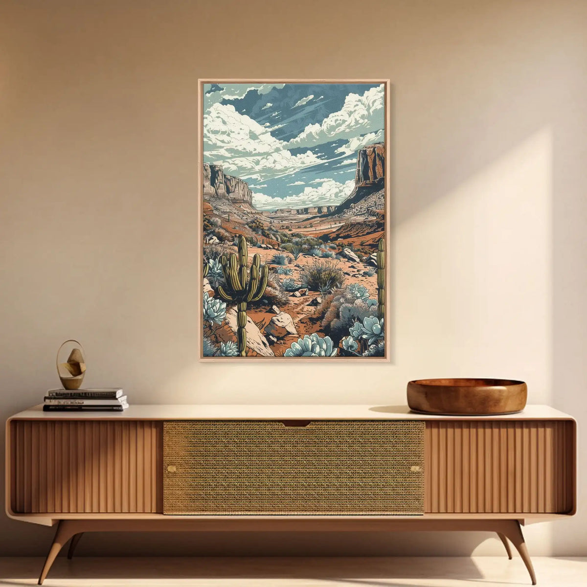 Western Desert Landscape Canvas Wall Art | Framed Cactus Print | Retro Southwest