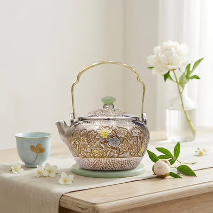 925 Sterling Silver Handcrafted Ornate Metal Teapot Featuring Jade Finial and Intricate Floral Carvings - Handicraft