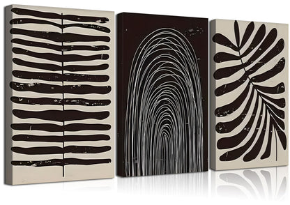 Framed 3Pcs Abstract Neutral Line Canvas Wall Art Pictures Minimalist Posters Mid Century Black and White Beige Prints Striped Painting Home Wall Decor for Living Room Bedroom Bathroom 16x24 in