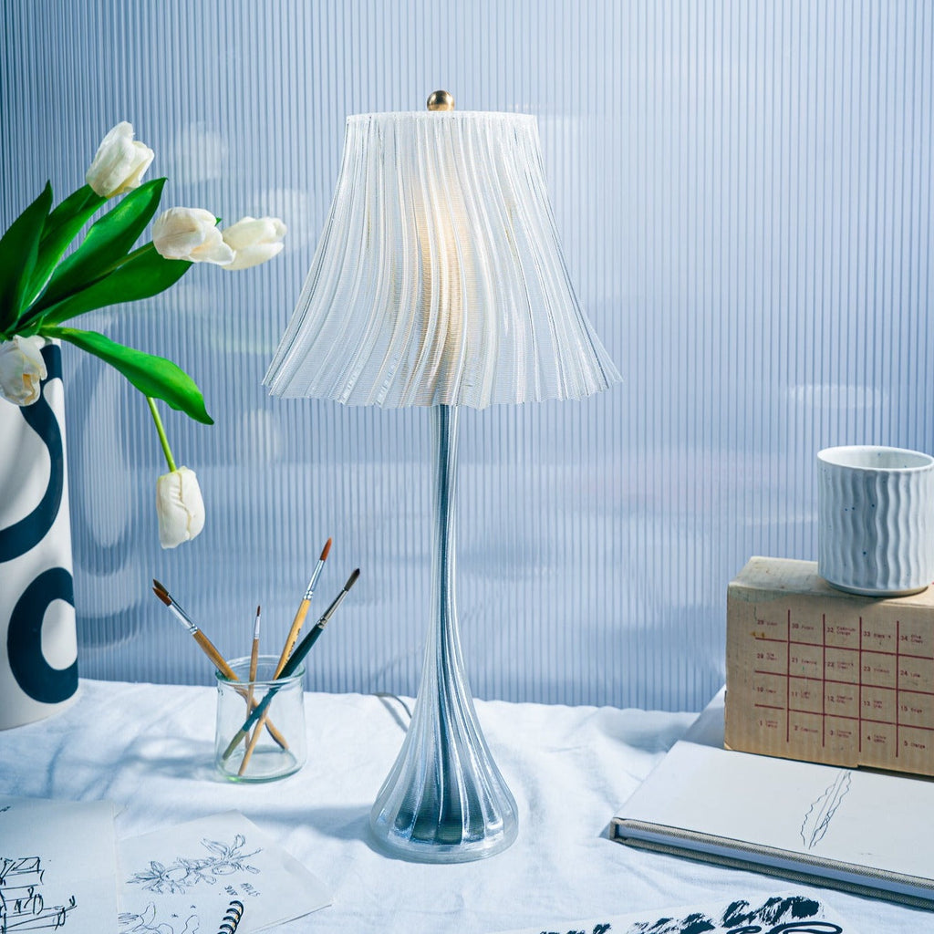 LuxeHomes Pleat Table Lamp | Artisan Glass Modern Style | Amber, Clear, Smoke & Emerald