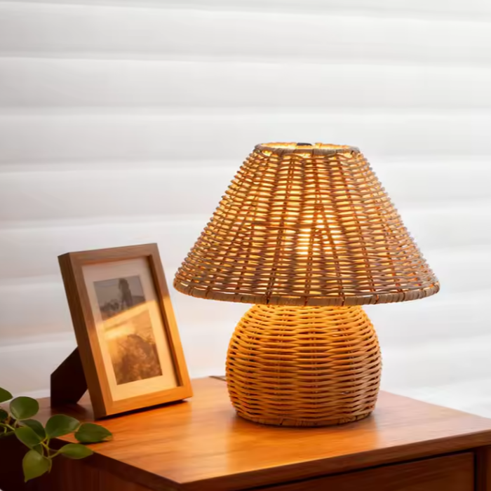 Woven Rattan Sphere Table Lamp | Boho Natural Wicker Desk Light