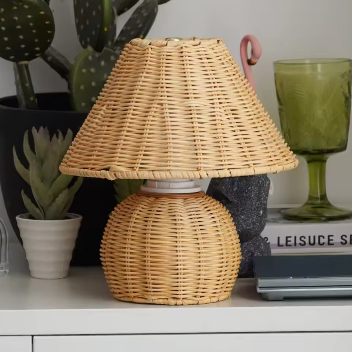 Woven Rattan Sphere Table Lamp | Boho Natural Wicker Desk Light