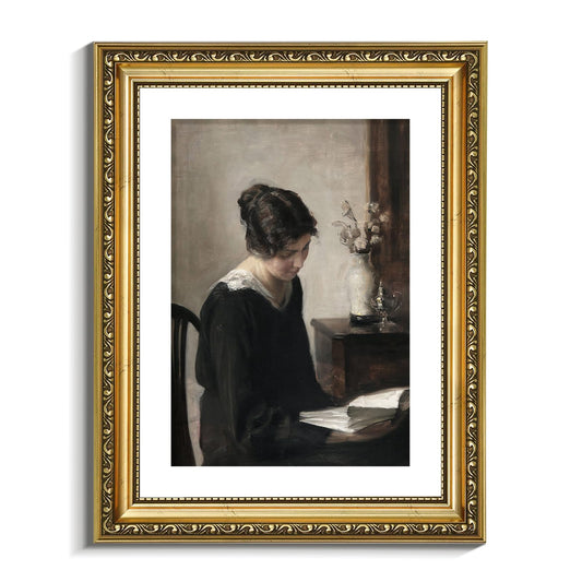 Gold Framed Vintage Portrait Wall Art | Classical Reading Woman Print