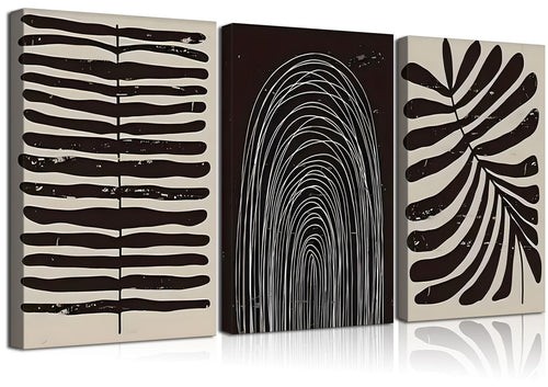 Framed 3Pcs Abstract Neutral Line Canvas Wall Art Pictures Minimalist Posters Mid Century Black and White Beige Prints Striped Painting Home Wall Decor for Living Room Bedroom Bathroom 16x24 in