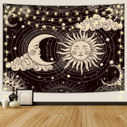 Large Sun and Moon Tapestry | Black & White Spiritual Wall Art