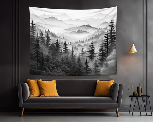 QGHOT Misty Forest Tapestry Nature Mountain Tapestry Wall Hanging Watercolor Landscape Wall Tapestries for Bedroom Aesthetic Men Living Room Black and White Wall Art Home Decor Gift (59.1"x59.1")
