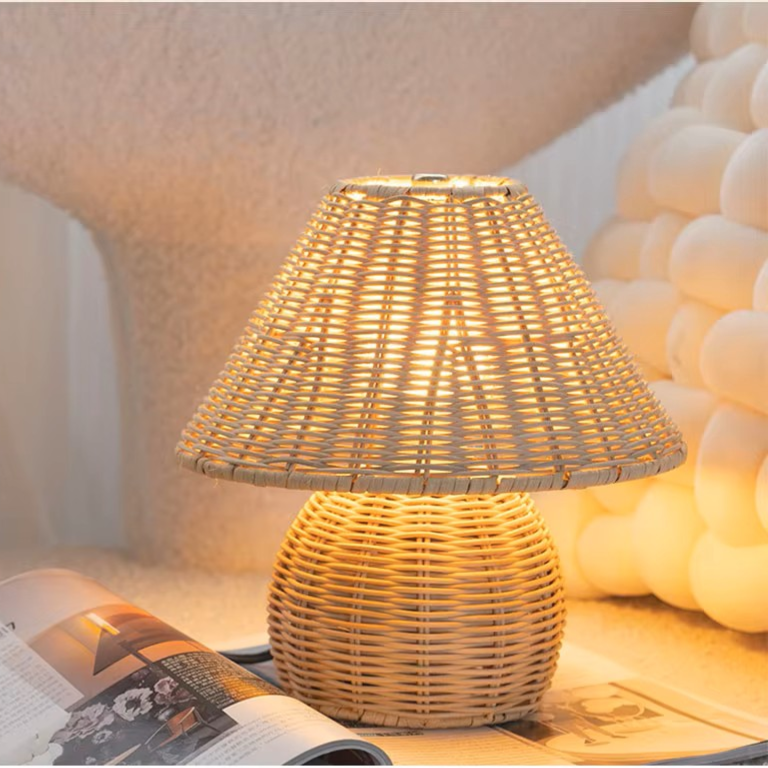 Woven Rattan Sphere Table Lamp | Boho Natural Wicker Desk Light