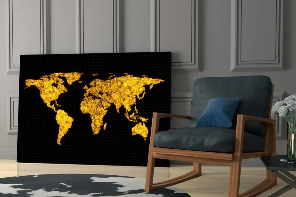 World map on a black background in a room with a chair and decorative elements.
