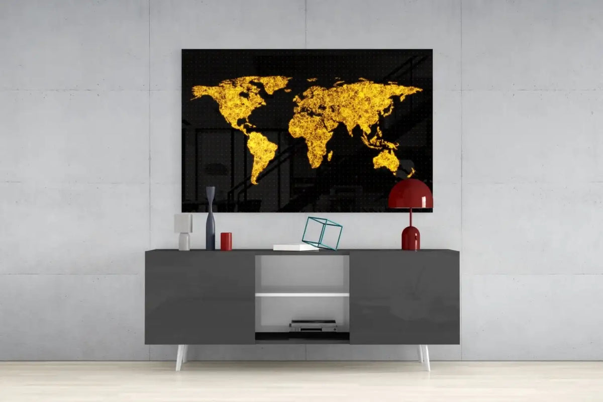 World map on a wall above a modern entertainment console with decorative items.