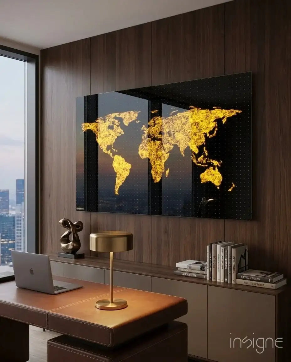 A modern office interior with a large wall-mounted black triptych artwork showing a glowing gold world map. A wood desk, brass lamp, books, and window view are visible in the room.