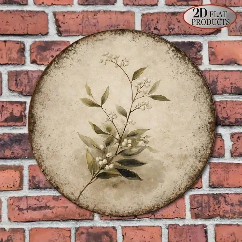 Vintage Botanical Wall Sign – Round Tin Floral Decor 8x8"