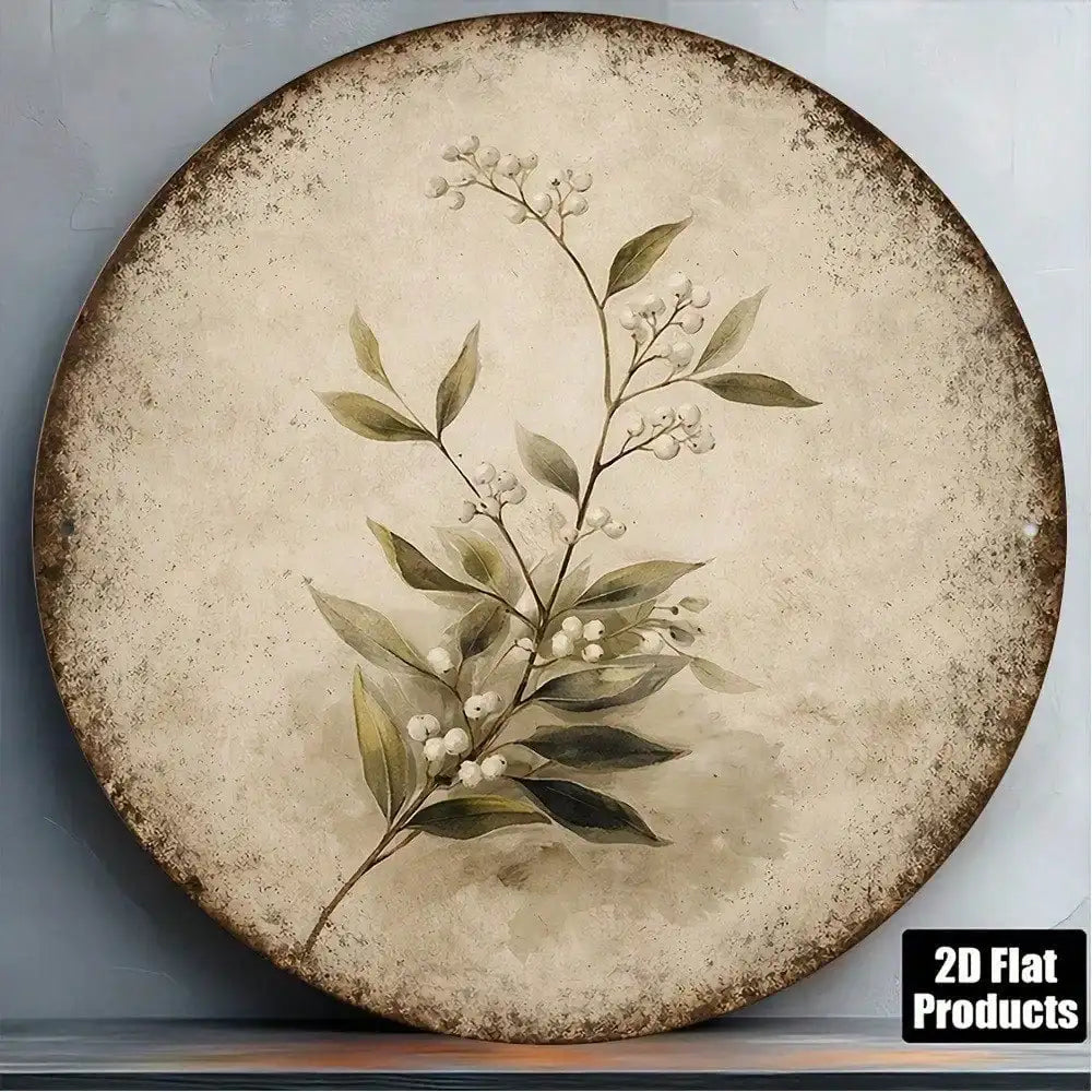 Vintage Botanical Wall Sign – Round Tin Floral Decor 8x8"