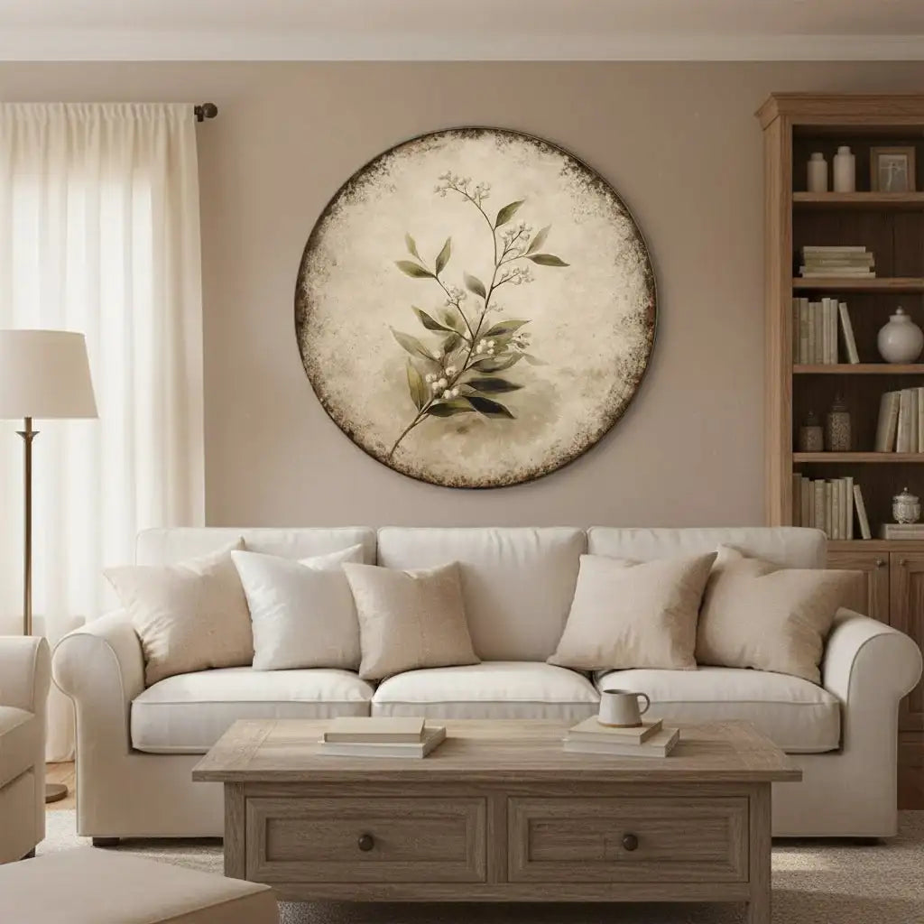 Vintage Botanical Wall Sign – Round Tin Floral Decor 8x8"