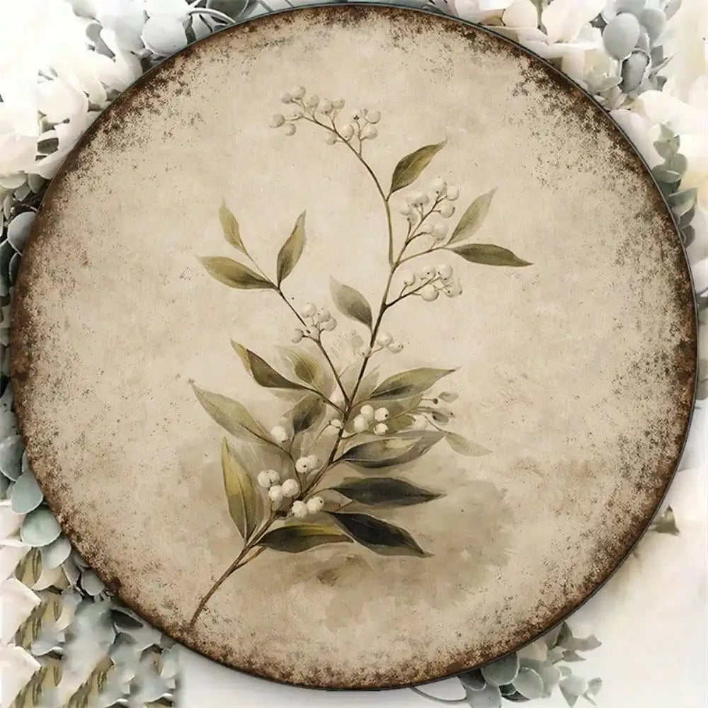 Vintage Botanical Wall Sign – Round Tin Floral Decor 8x8"